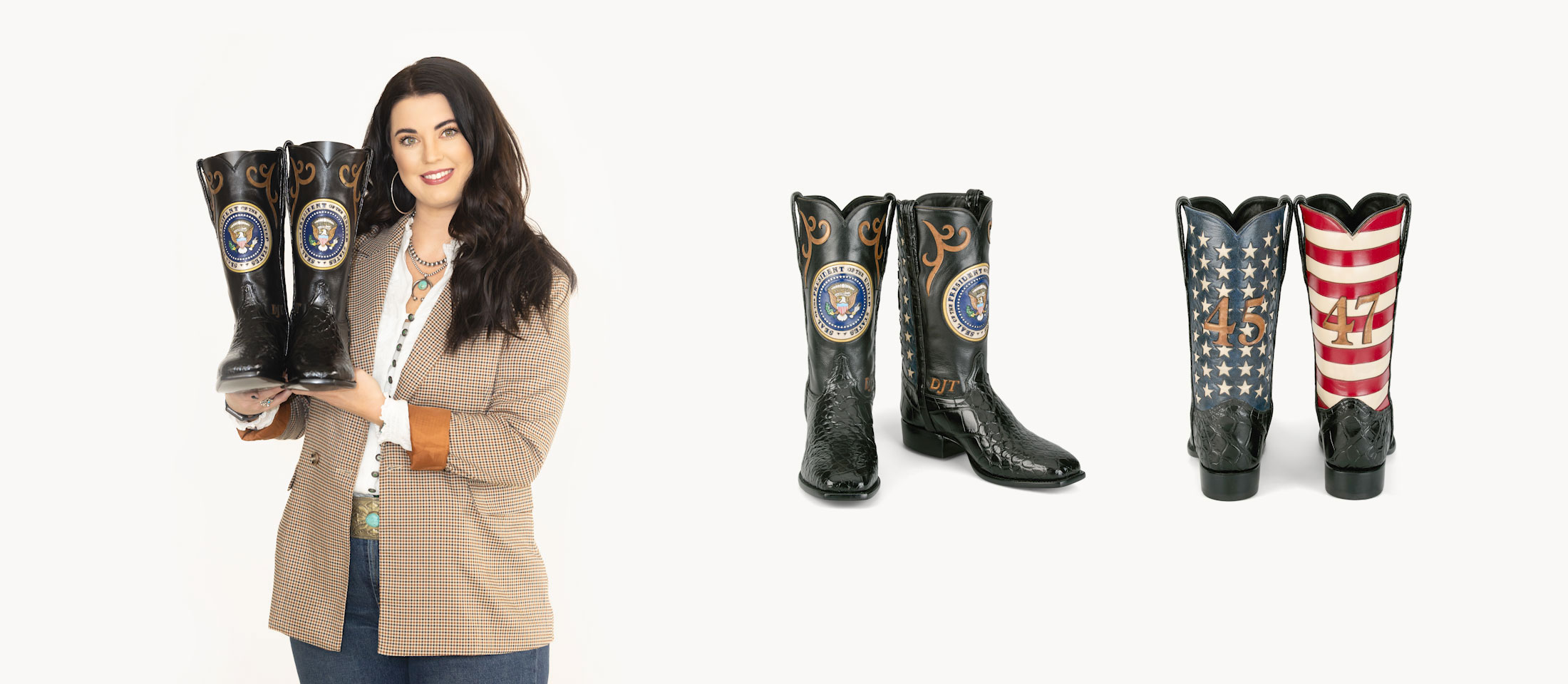 Shelbi Tidwell with brown hair holding colorful patriotic boots made for Donald Trump.